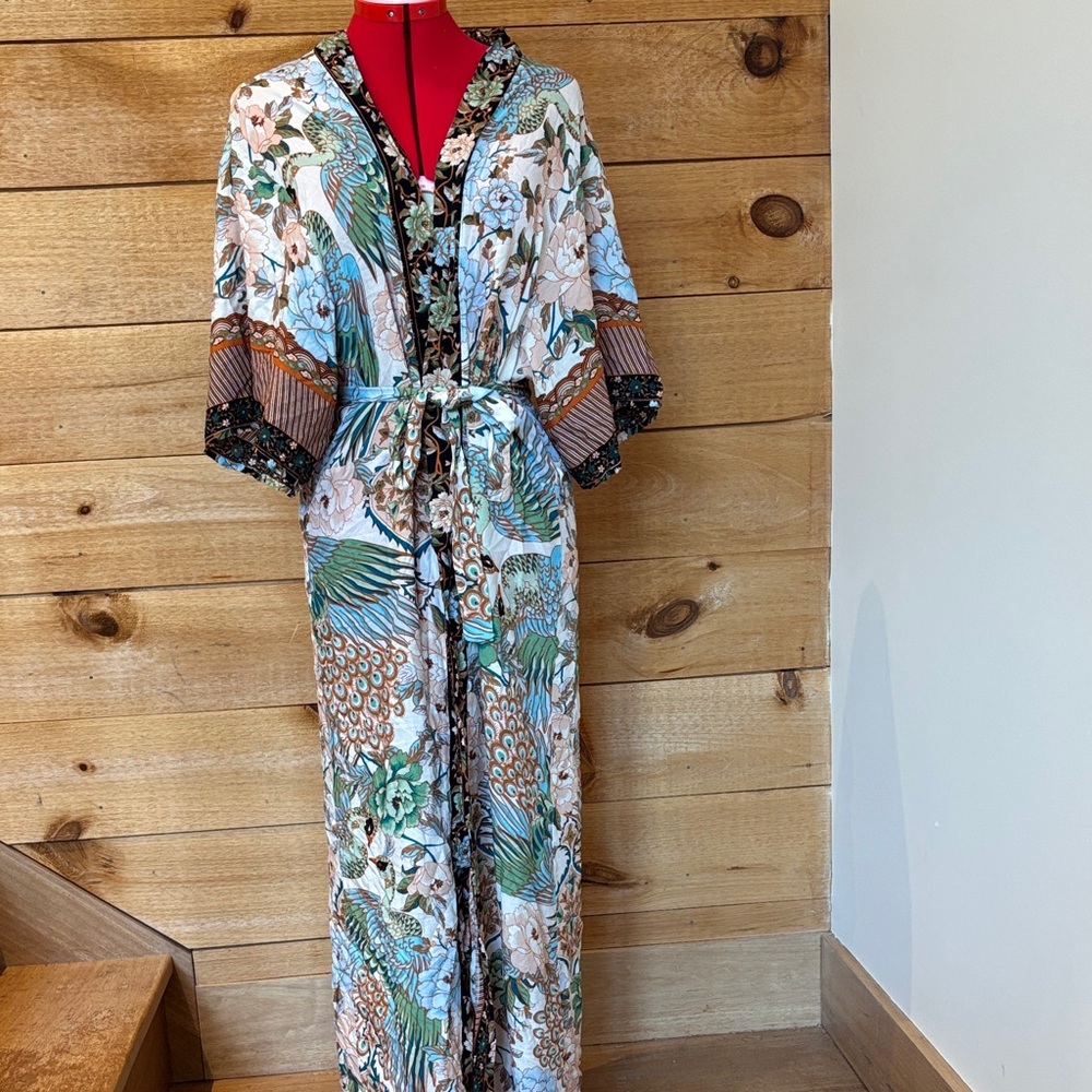 Floral Peacock Print Kimono Robe in Teal, Brown & Cream